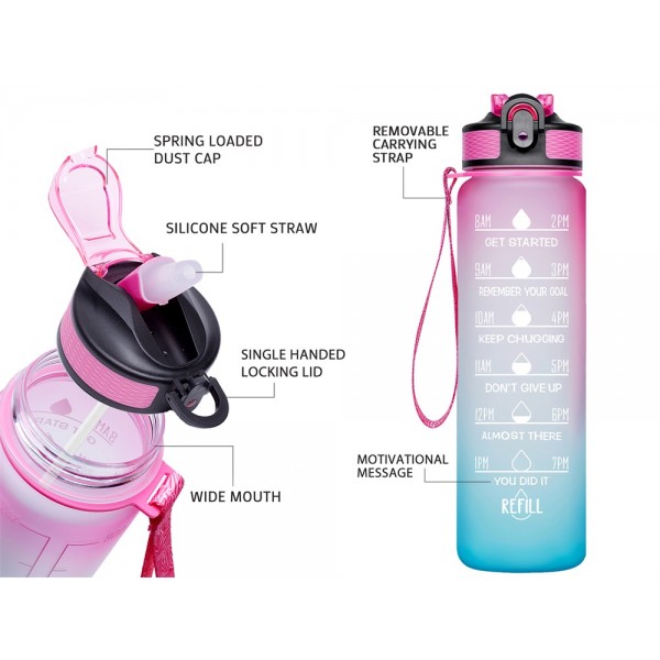 32oz Motivational Fitness Sports Water Bottle with Time Marker & Straw, Large Wide Mouth Leakproof Durable BPA Free Non-Toxic