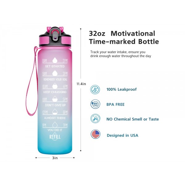 32oz Motivational Fitness Sports Water Bottle with Time Marker & Straw, Large Wide Mouth Leakproof Durable BPA Free Non-Toxic